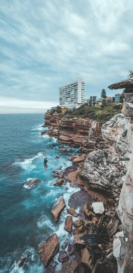 [2436x1125]海岸 大海 海浪 礁石 苹果手机壁纸图片