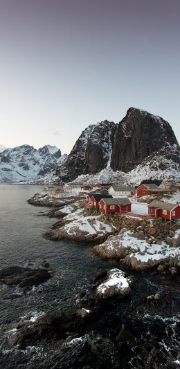 [2436x1125]海岸 房屋 雪季 雪景 苹果手机壁纸图片