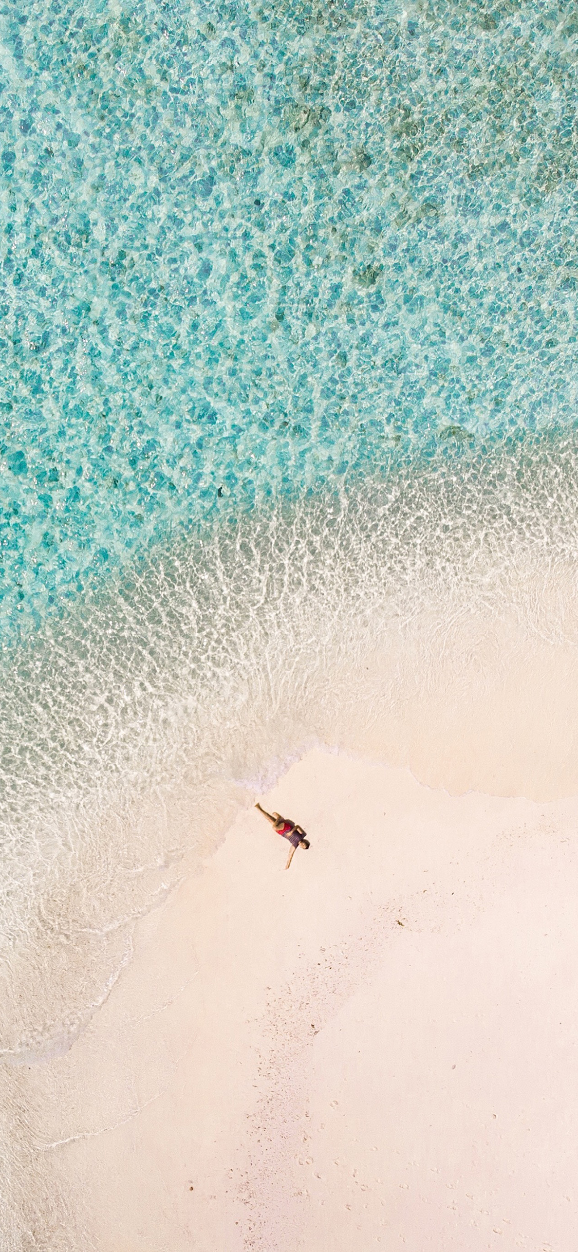 [2436×1125]海岸 沙滩 清澈  海水 俯拍 苹果手机壁纸图片