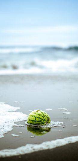 [2436x1125]海岸 海浪 沙滩 西瓜 水果 苹果手机壁纸图片