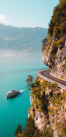 [2436x1125]海岸 游轮 峭壁 公路 苹果手机壁纸图片