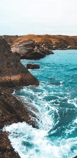 [2436x1125]海浪 浪花 礁石 大海 苹果手机壁纸图片