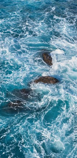 [2436x1125]海浪 礁石 浪花 浪花 苹果手机壁纸图片