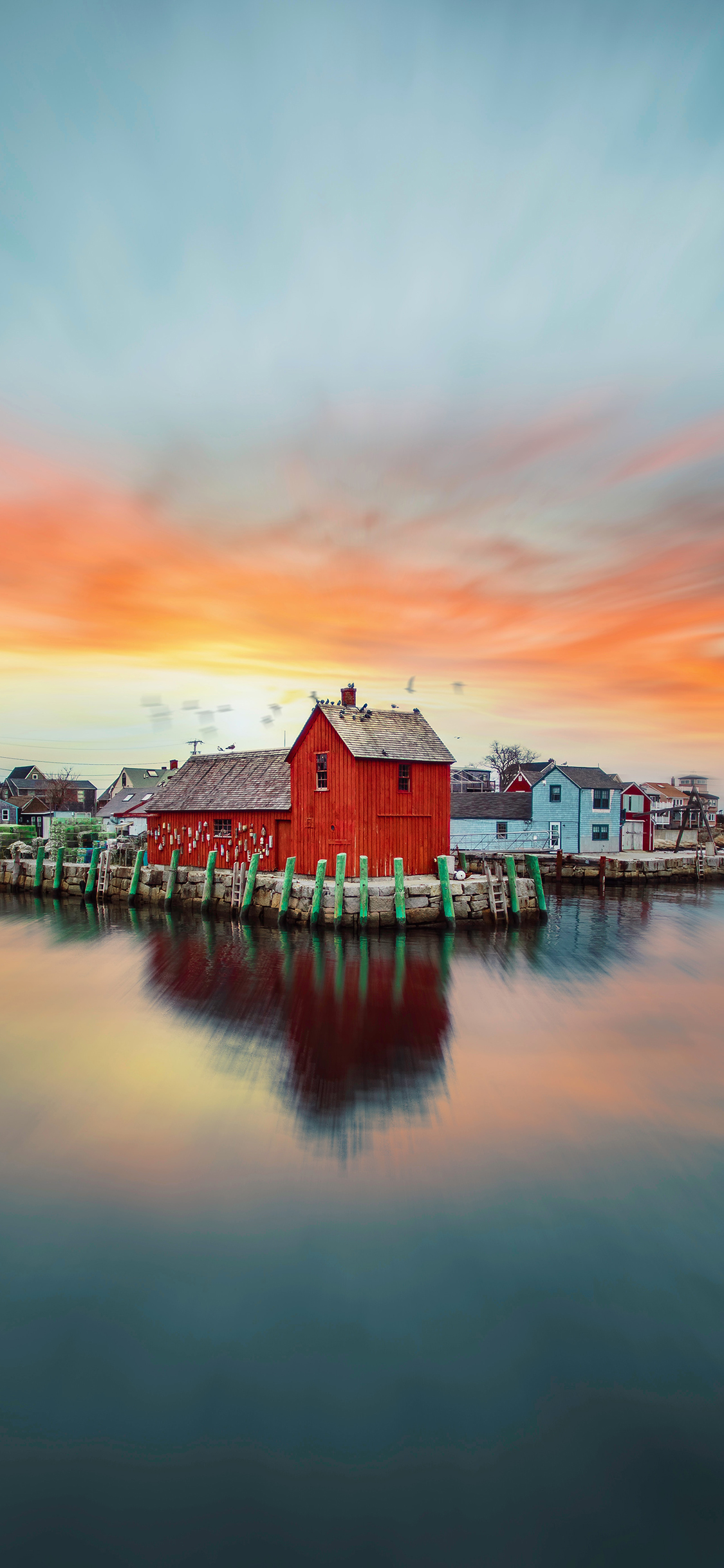 [2436×1125]海边  建筑 内海 木屋 美景 苹果手机壁纸图片