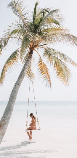 [2436x1125]海边 椰树 秋千 女孩 苹果手机壁纸图片