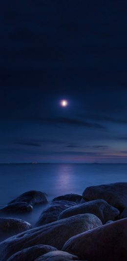 [2436x1125]海边 石头 海水 夜晚 月亮 苹果手机壁纸图片