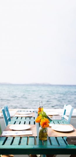 [2436x1125]海边 餐桌 花瓶 鲜花 苹果手机壁纸图片