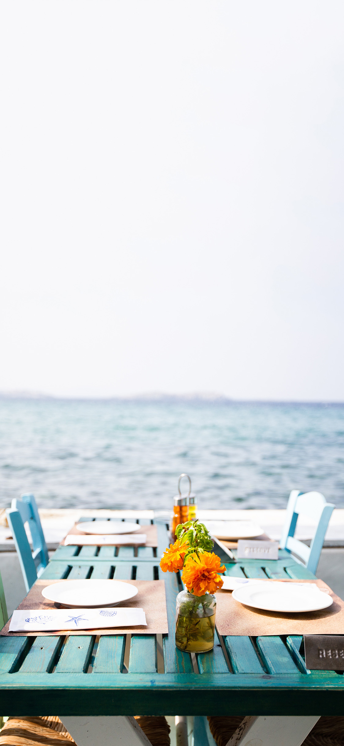 [2436×1125]海边 餐桌 花瓶 鲜花 苹果手机壁纸图片