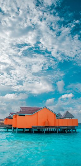 [2436x1125]海面 度假 海滨 白云 碧海 蓝天 苹果手机壁纸图片