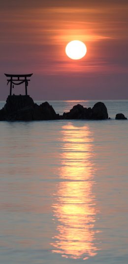 [2436x1125]海面 落日 美景 红云 倒映 苹果手机壁纸图片