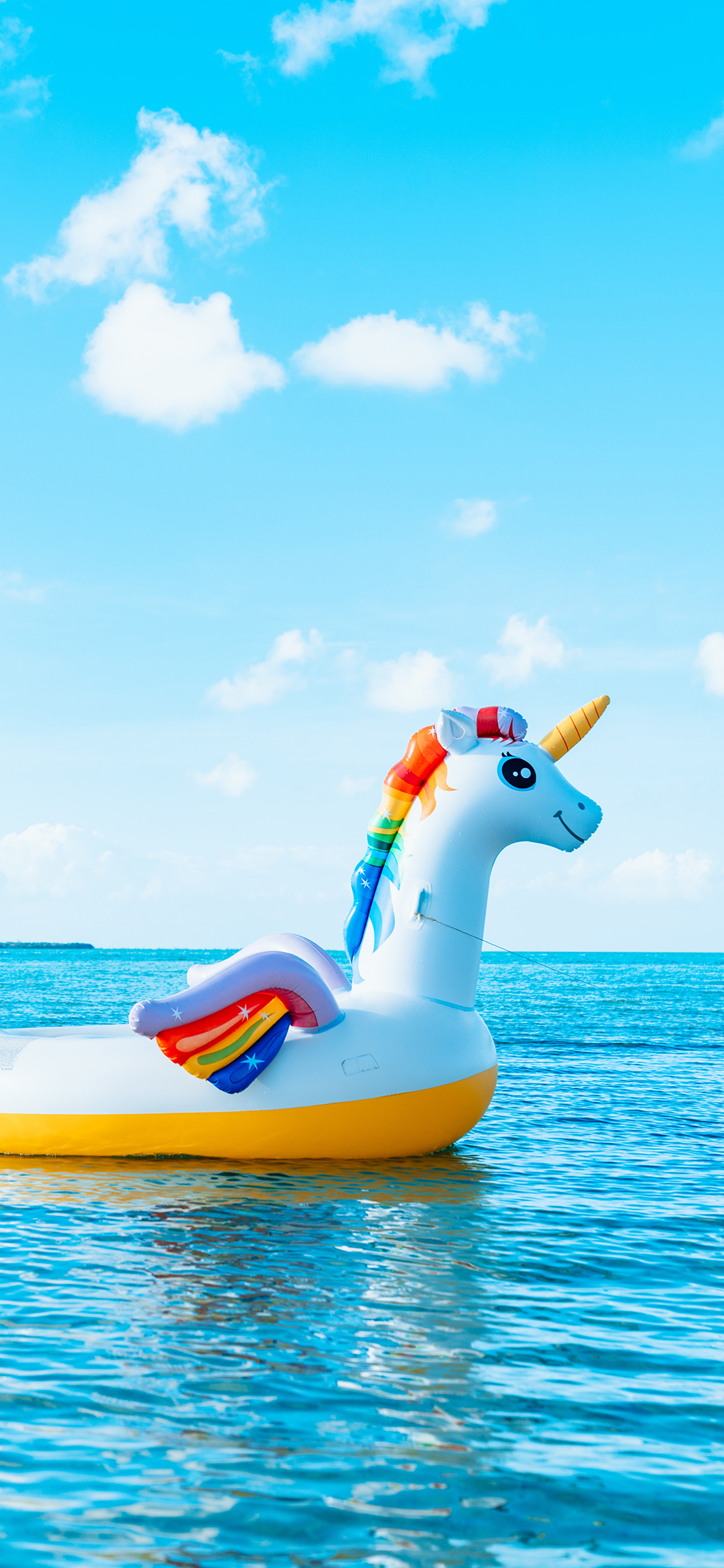 [2436×1125]游泳圈 天空 蔚蓝 大海 苹果手机壁纸图片