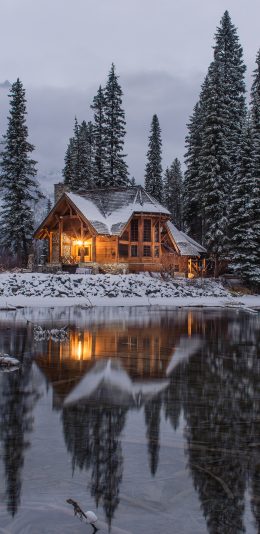 [2436x1125]湖水 房屋 雪地 雪松 苹果手机壁纸图片