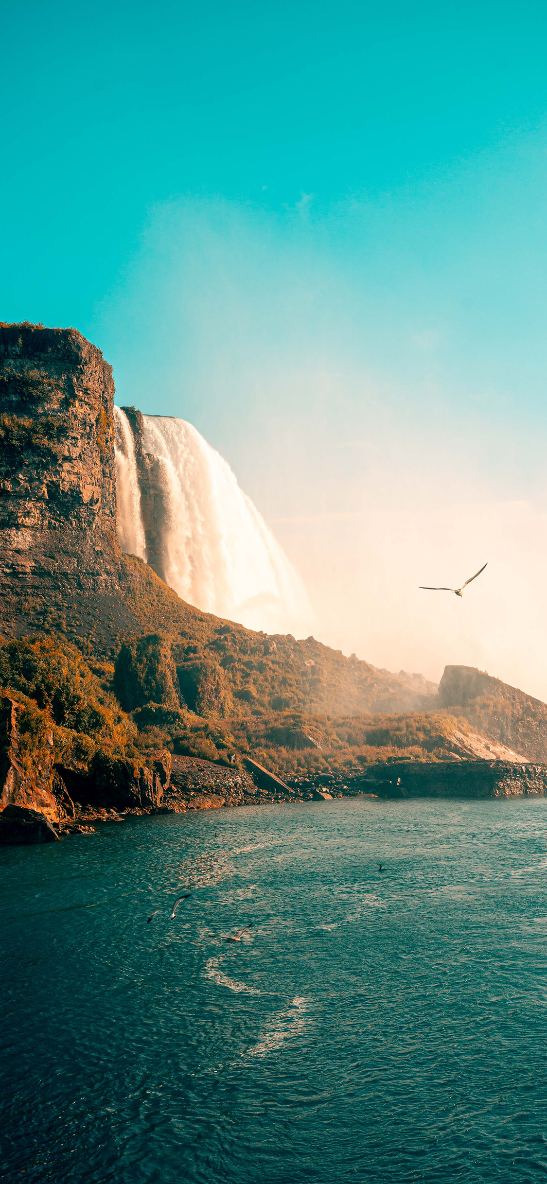 [2436×1125]瀑布 大海 蓝天 峭壁 苹果手机壁纸图片