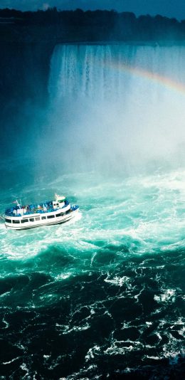 [2436x1125]瀑布 彩虹 轮船 自然美景 苹果手机壁纸图片
