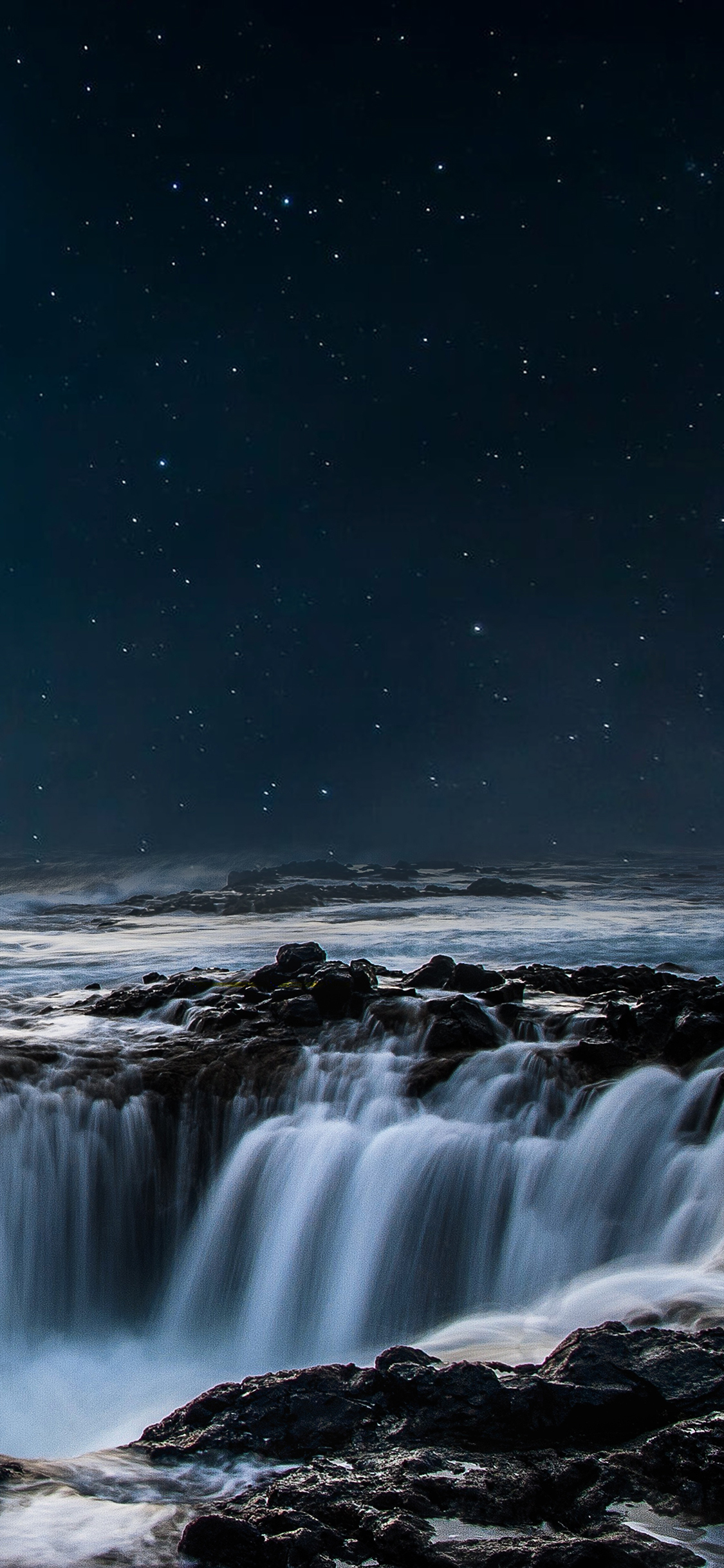 [2436×1125]瀑布 流水 星空 夜空 苹果手机壁纸图片