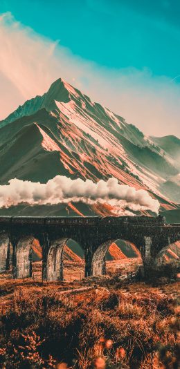 [2436x1125]火车 行驶 轨道 烟雾 山 苹果手机壁纸图片