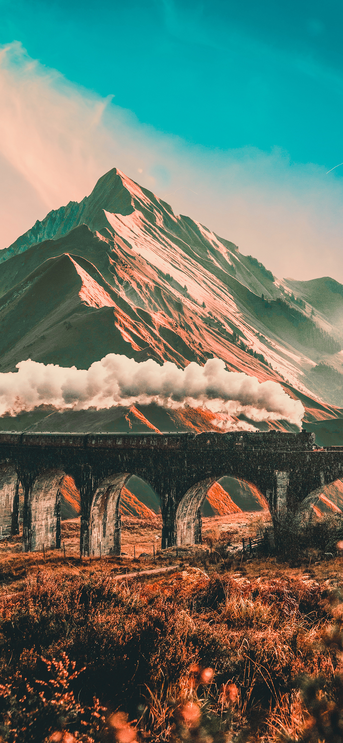 [2436×1125]火车 行驶 轨道 烟雾 山 苹果手机壁纸图片