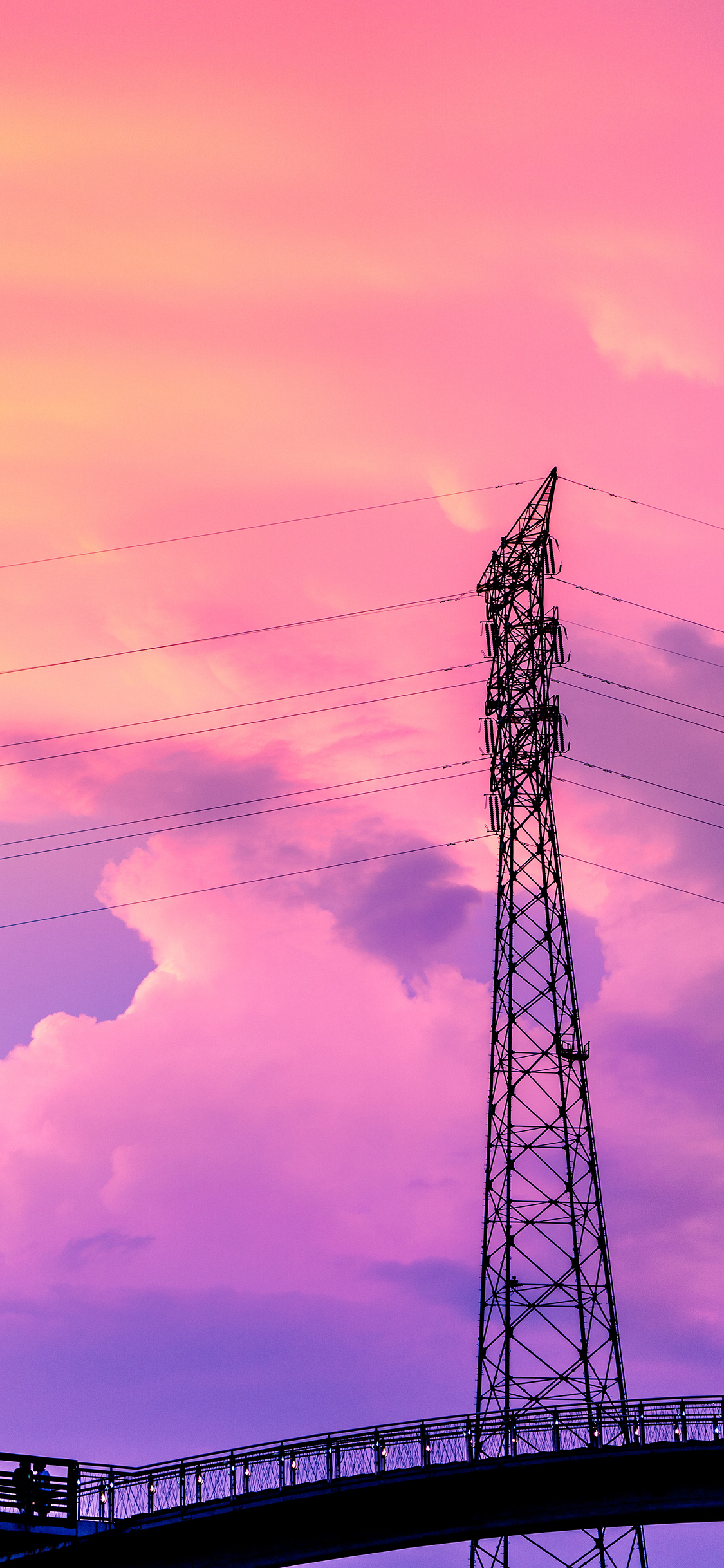 [2436×1125]电线 铁塔 线缆 黄昏 夕阳 唯美 苹果手机壁纸图片