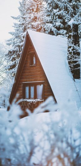 [2436x1125]白雪皑皑 雪季 木屋 景色 苹果手机壁纸图片