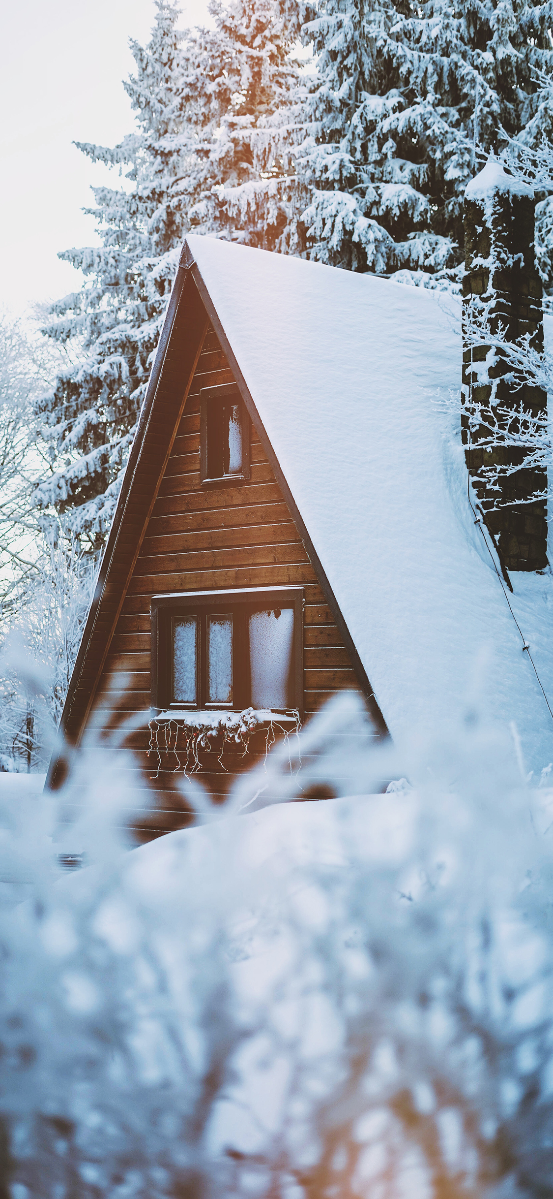 [2436×1125]白雪皑皑 雪季 木屋 景色 苹果手机壁纸图片