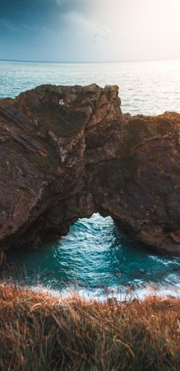 [2436x1125]礁石 天然 海岸 海浪 苹果手机壁纸图片