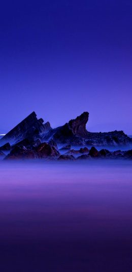 [2436x1125]礁石 紫色 渐变 大海 苹果手机壁纸图片