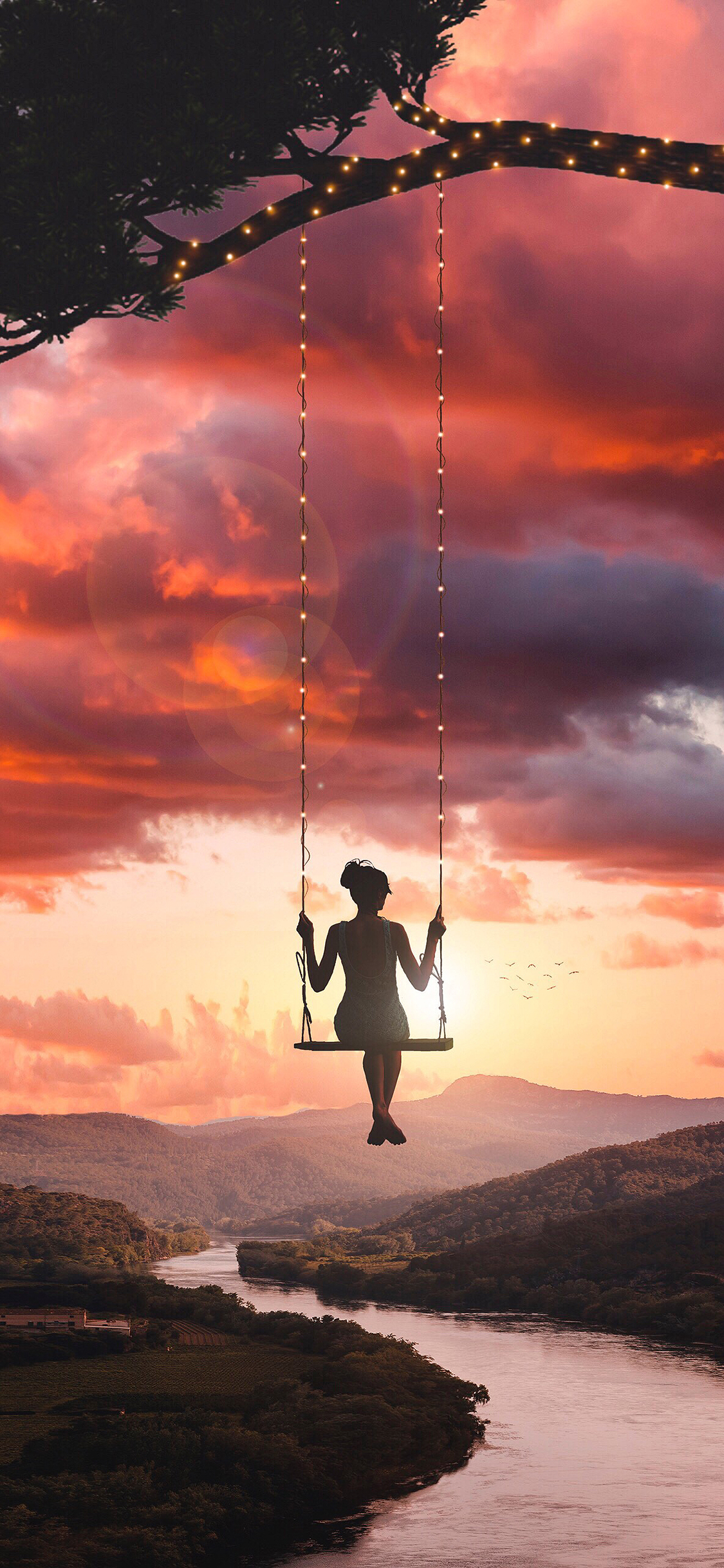 [2436×1125]秋千 景色 唯美 天空 苹果手机壁纸图片