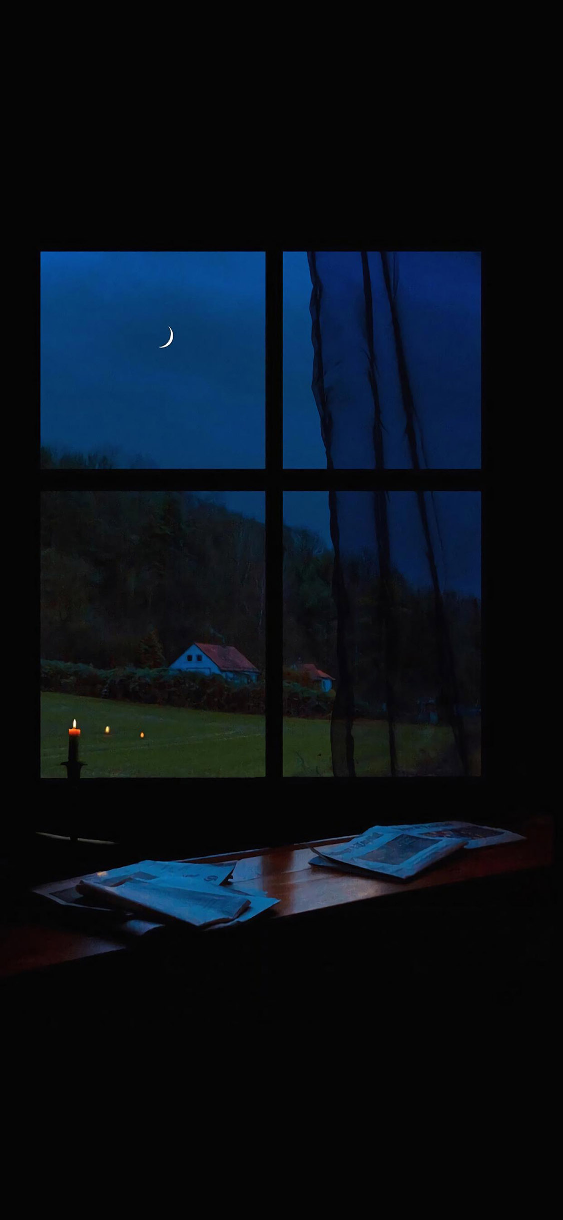 [2436×1125]窗台 夜景 草坪 月牙 苹果手机壁纸图片