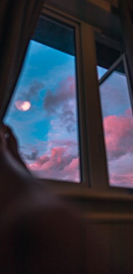 [2436x1125]窗外 云空 月亮 红云 傍晚美景 苹果手机壁纸图片