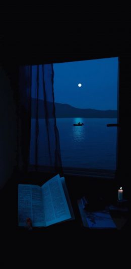 [2436x1125]窗户 夜景 湖泊 静谧 苹果手机壁纸图片