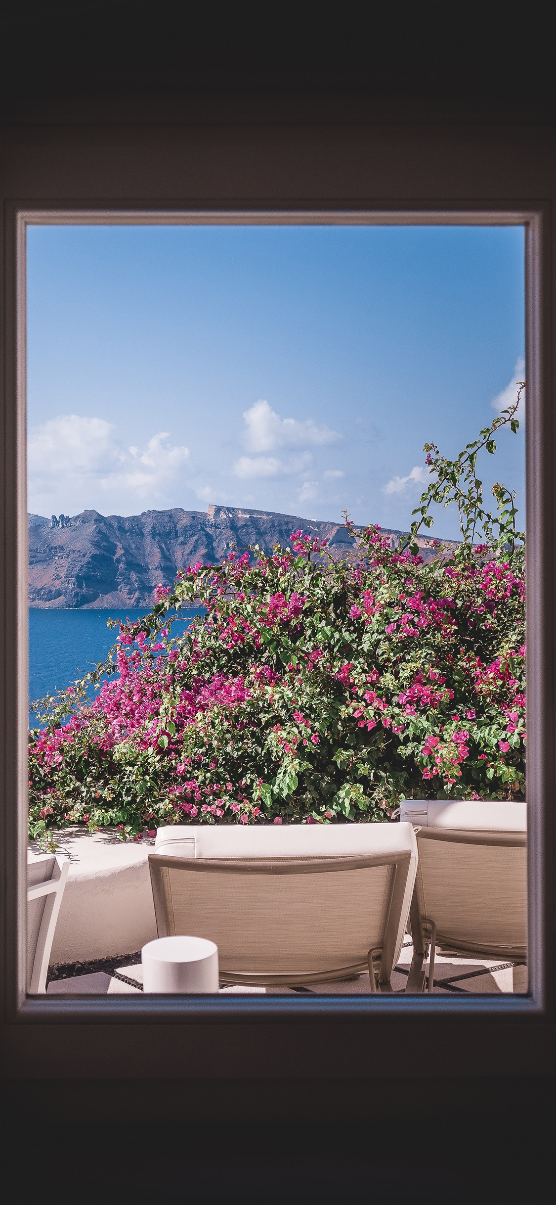 [2436×1125]窗户 美景 鲜花 大海 苹果手机壁纸图片