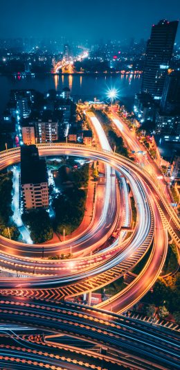 [2436x1125]立交桥 俯拍 城市 夜景 苹果手机壁纸图片