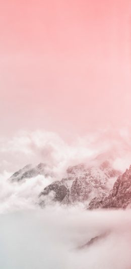 [2436x1125]自然 山峰 云雾缭绕 粉色渐变 美景 苹果手机壁纸图片