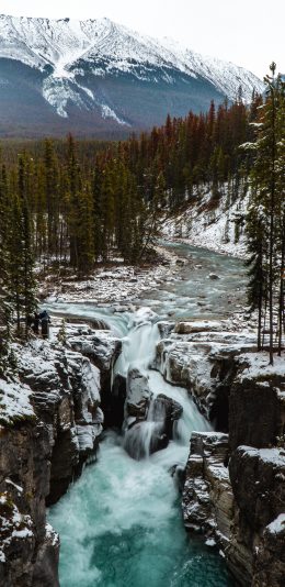 [2436x1125]自然美景 山峰 林木 河流 白雪 苹果手机壁纸图片