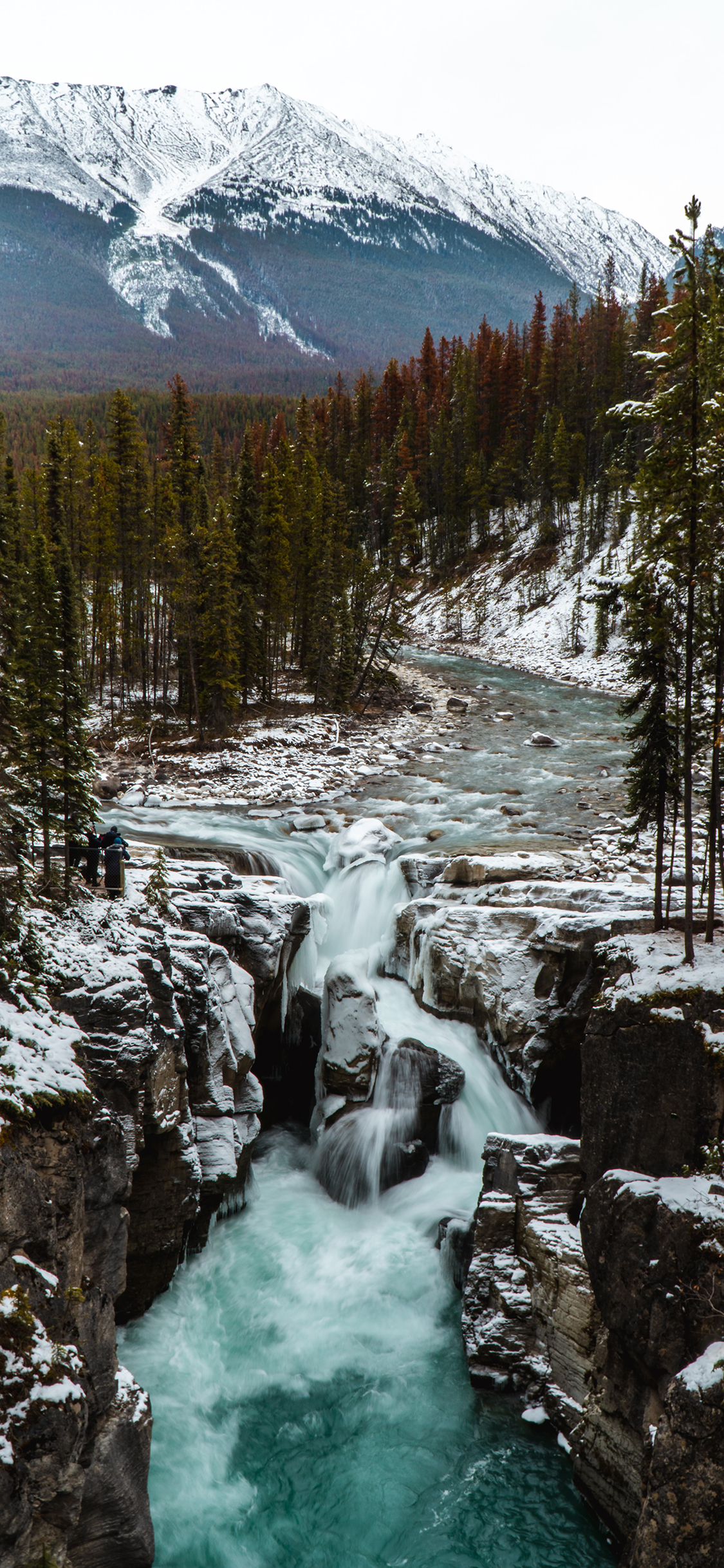 [2436×1125]自然美景 山峰 林木 河流 白雪 苹果手机壁纸图片