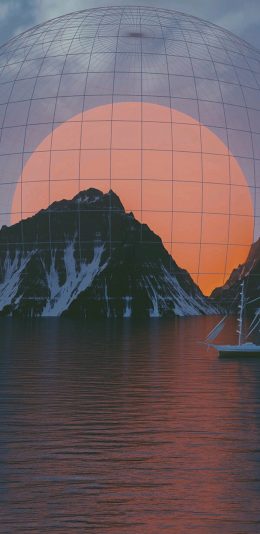 [2436x1125]自然美景 山峰 湖泊 落日 意境 苹果手机壁纸图片