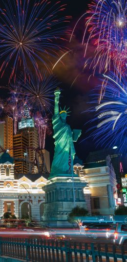 [2436x1125]自由女神 石像 景点 烟花 苹果手机壁纸图片