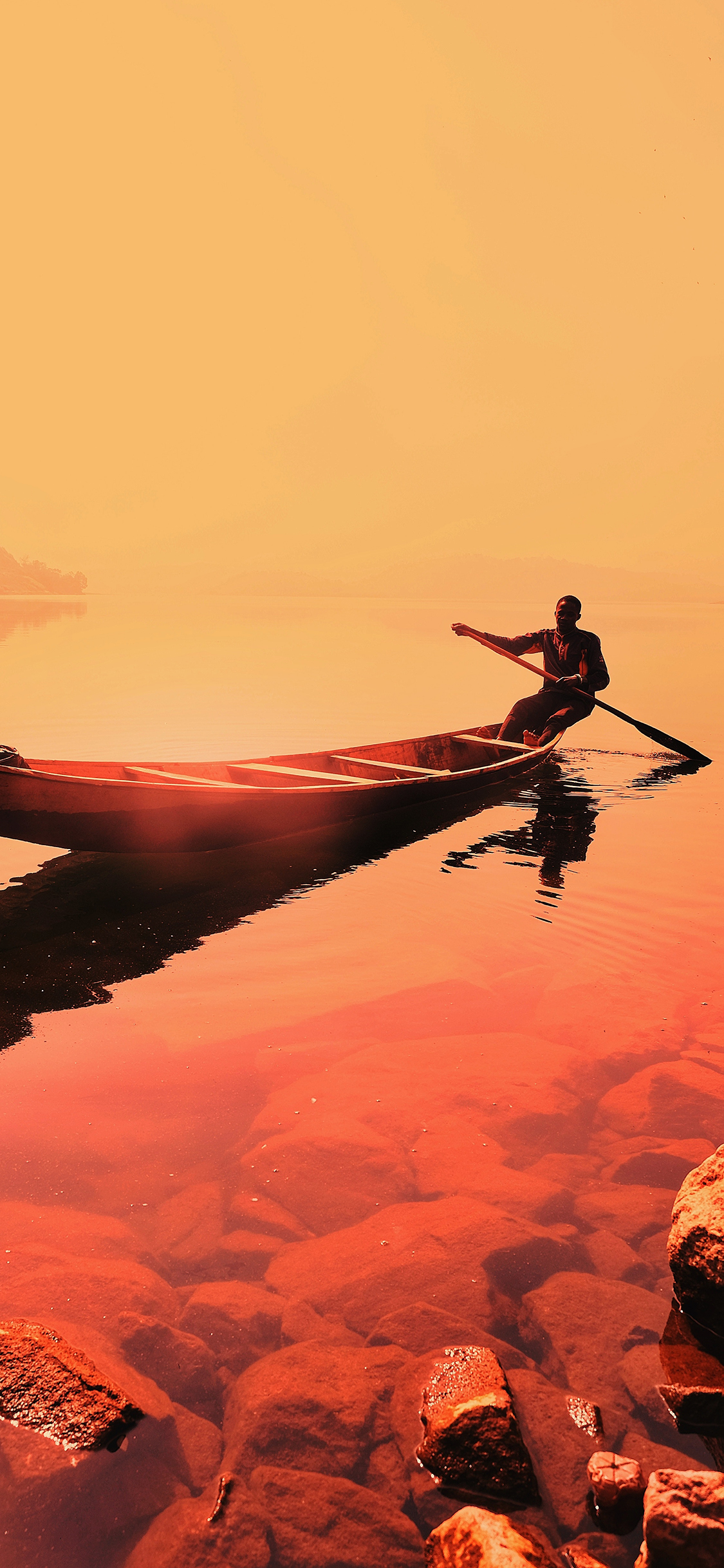 [2436×1125]舟 水面 倒映 划船 苹果手机壁纸图片