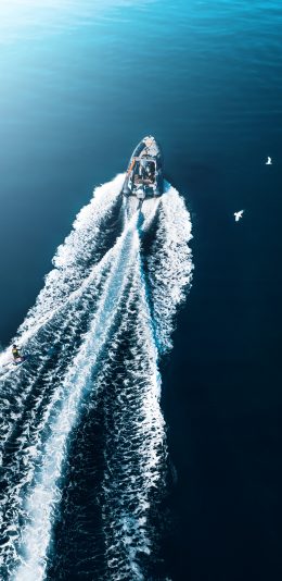 [2436x1125]航拍 大海 船只 浪花 苹果手机壁纸图片