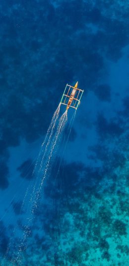 [2436x1125]航拍 大海 船只 行驶 苹果手机壁纸图片