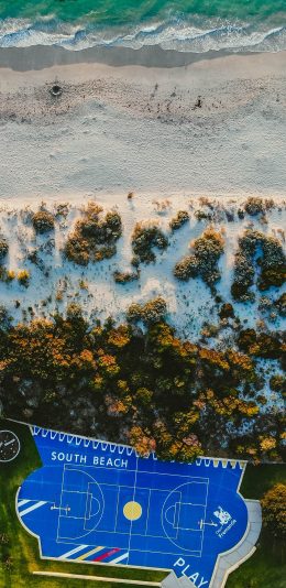 [2436x1125]航拍 海滩美景 篮球场 植树 苹果手机壁纸图片