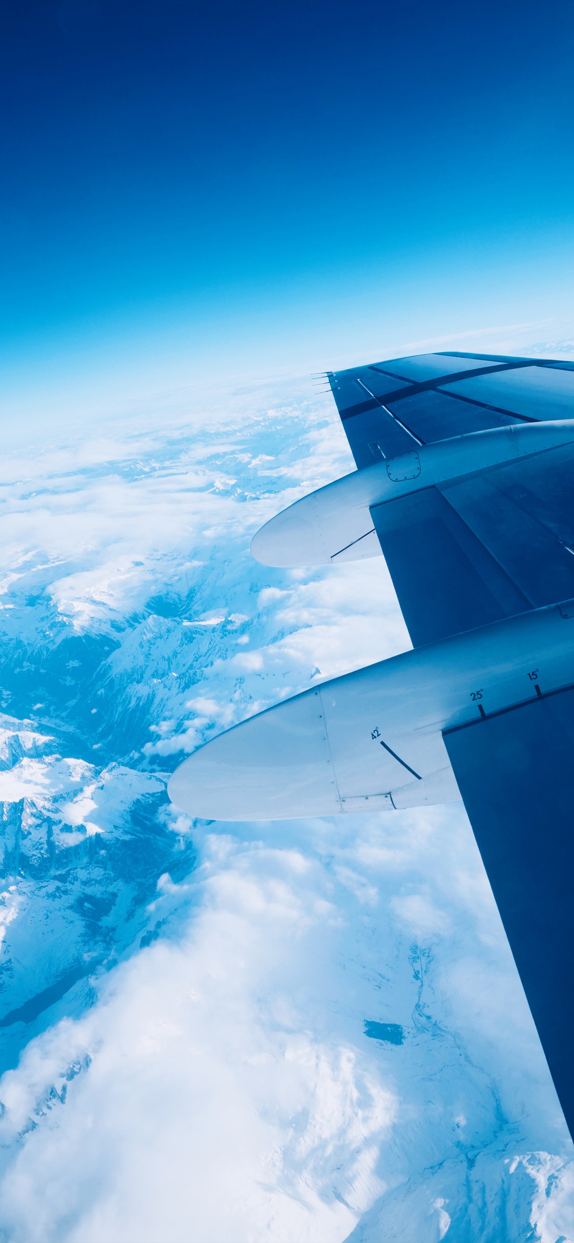 [2436×1125]航拍 蓝色 雪山 机翼 苹果手机壁纸图片
