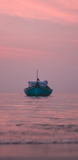 [2436x1125]船 黄昏 渐变 大海 海浪 苹果手机壁纸图片