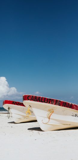 [2436x1125]船只 海岸 沙滩 蓝天 苹果手机壁纸图片