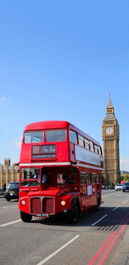 [2436x1125]英国 伦敦 大本钟 红色巴士 街道 车辆 城市 苹果手机壁纸图片
