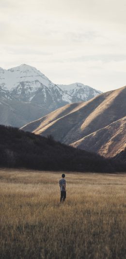 [2436x1125]草原 雪山 大自然 男孩 苹果手机壁纸图片