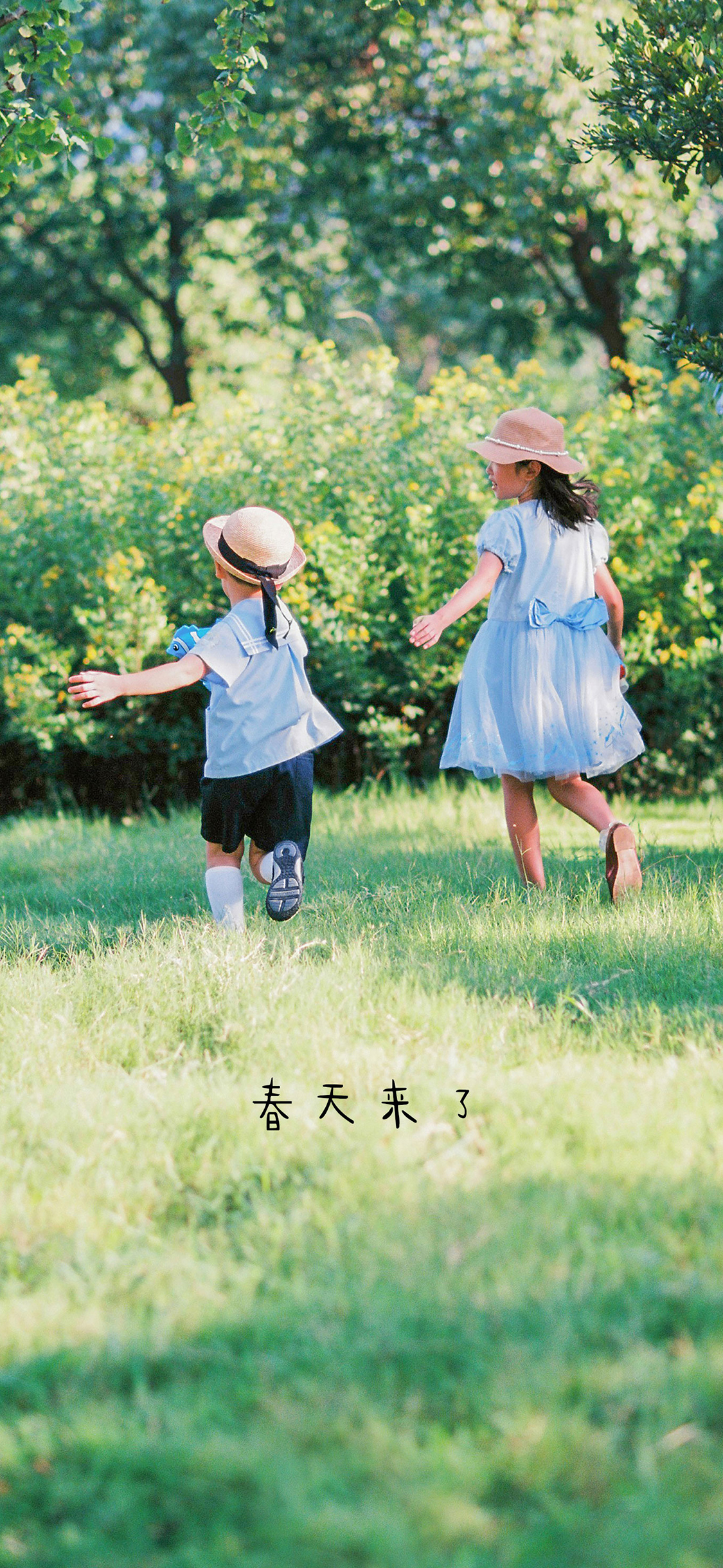 [2436×1125]草地 踏青 萌娃 背影 春天来了 苹果手机壁纸图片