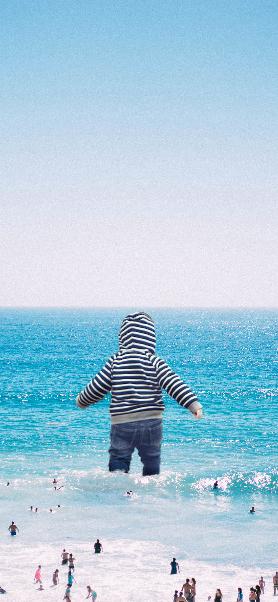 [2436×1125]萌娃 玩乐 童真 艺术设计 蓝天沙滩 梦幻 大海 创意 儿童 天真 苹果手机壁纸图片