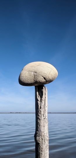 [2436x1125]蓝天 海水 木桩 石头 苹果手机壁纸图片