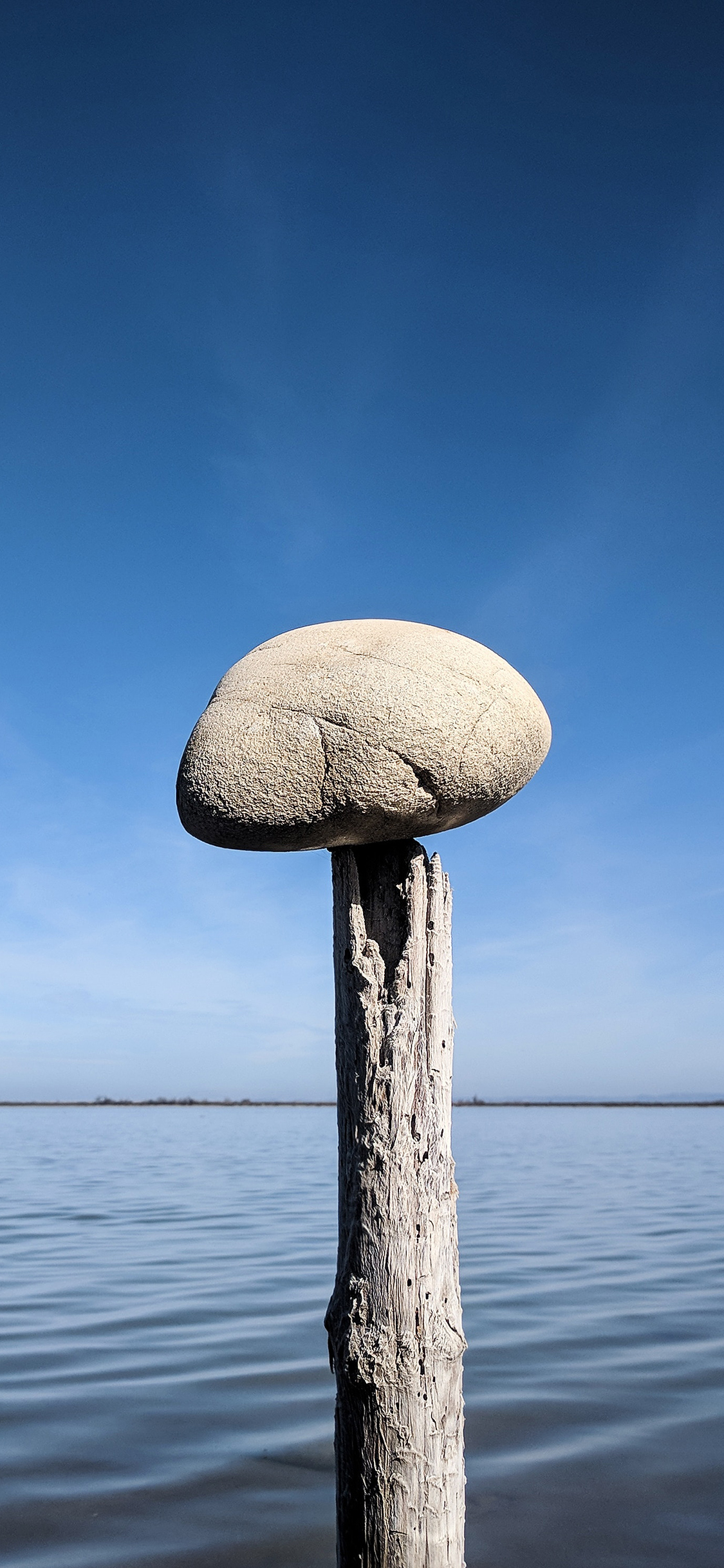 [2436×1125]蓝天 海水 木桩 石头 苹果手机壁纸图片